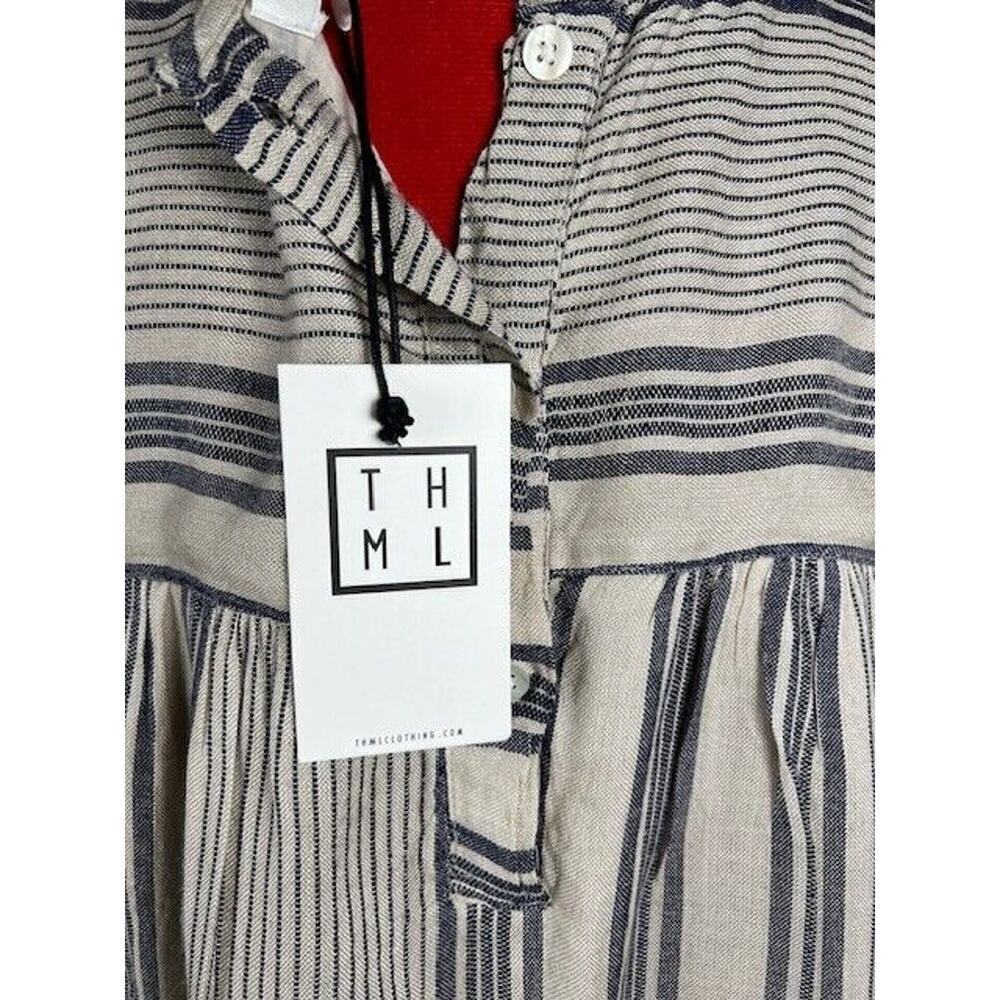 THML Crocheted Sleeve Trim Dress Tan with Blue Stripes Lined Womens XSmall - Picture 7 of 10